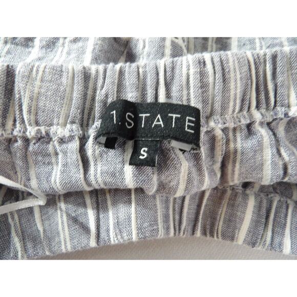 1. State Tunic Small Linen Chambray Off Shoulder Boho Blue White Stripe Cottage - Picture 5 of 12